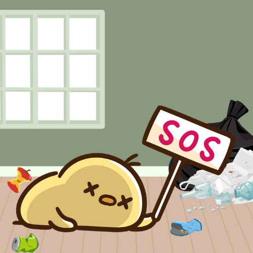 ごみのある部屋でお腹をすかせSOSを出ひよこ