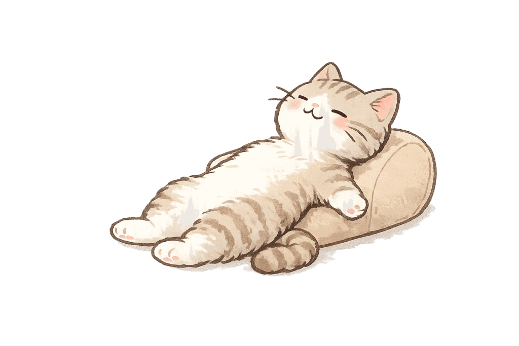 ヨガボルスターに体を預けてリラックスする猫のイラスト
