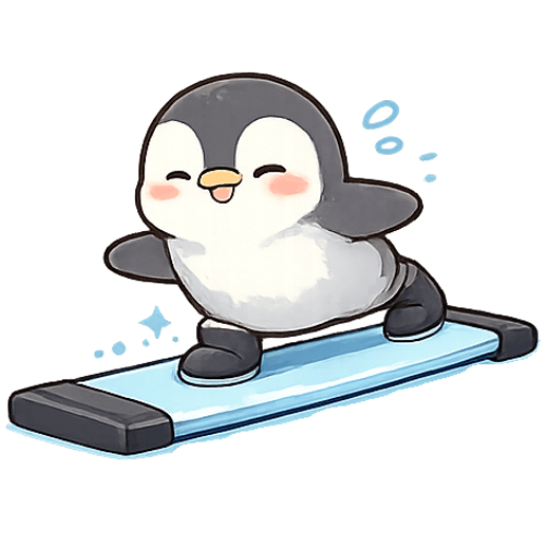 スライドボードに乗って踏ん張るペンギンのかわいいイラスト