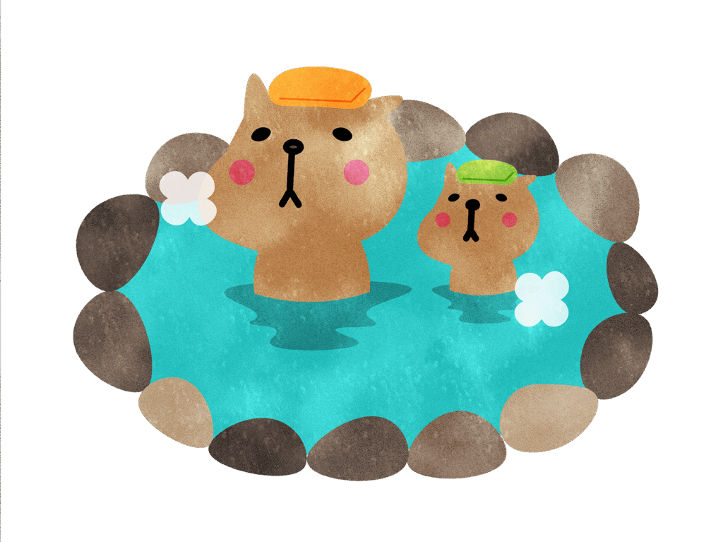 温泉に浸かりゆったりしているカピパラ親子