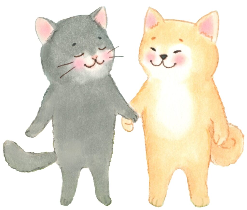 手をつなぎ仲の良さそうな猫と柴犬