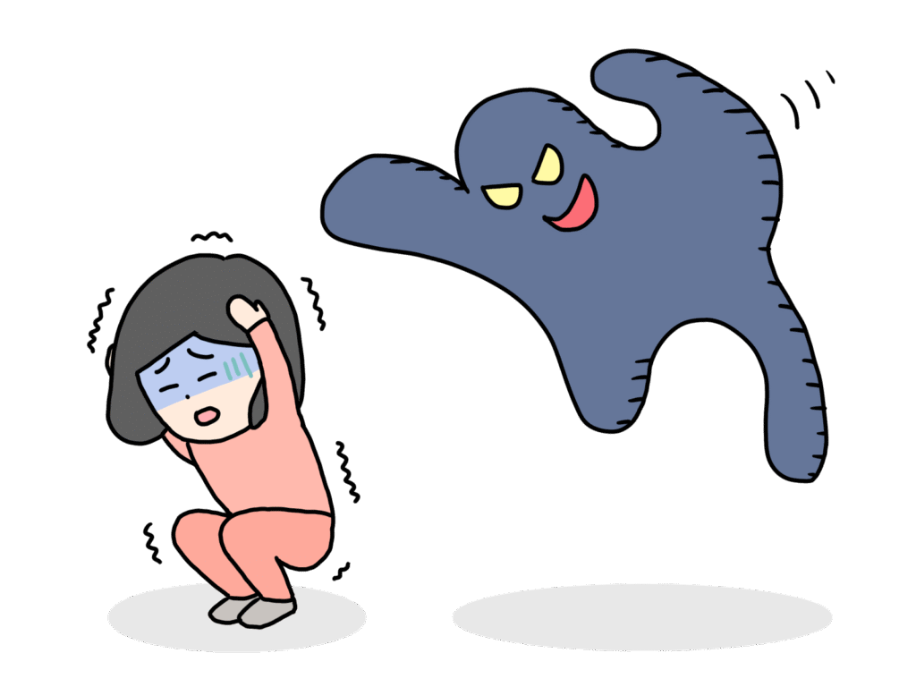 何かよくわからない恐怖に怯えて頭をかばい震える少女