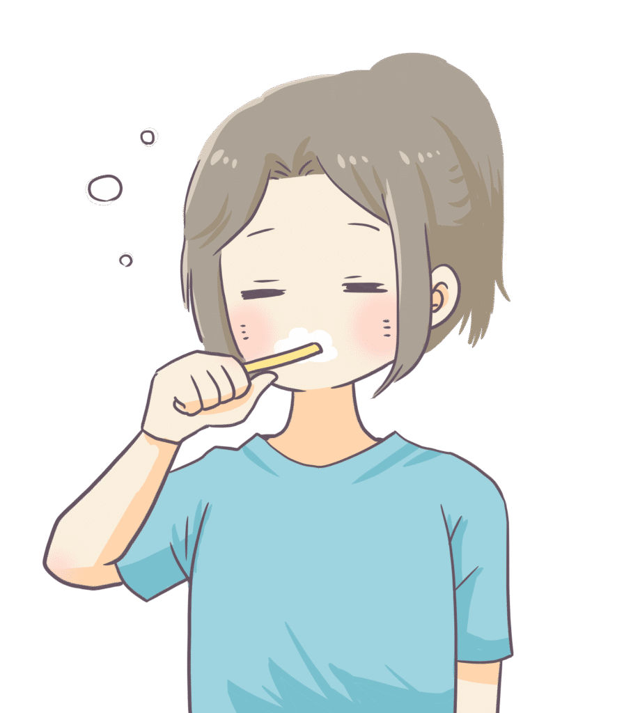 眠気まなこで歯磨きをする女の人