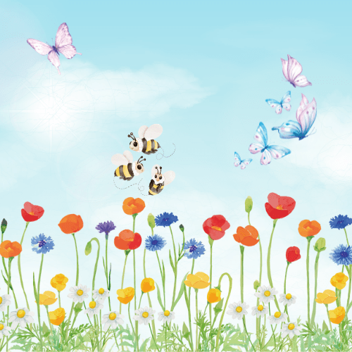 蝶と蜂が花の上で飛んでいる