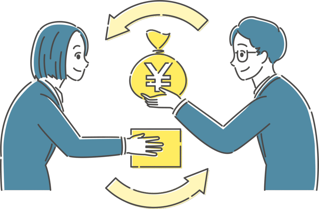 お金を物を交換する二人