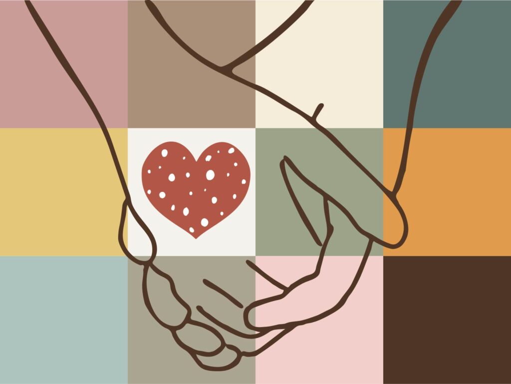 パッチワークのような画像と繋いだ手