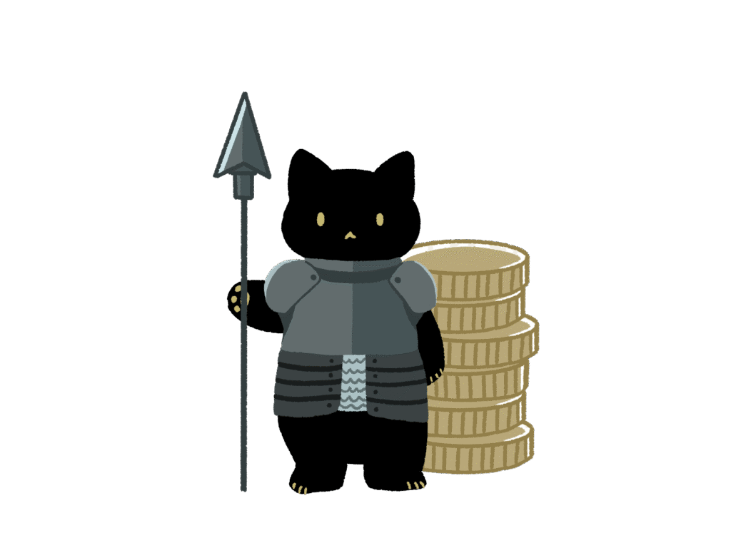 お金を守っている鎧を着た猫