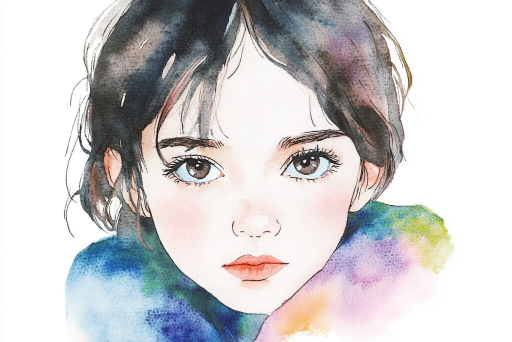 静かに前を見つめる子どものやさしい水彩画
