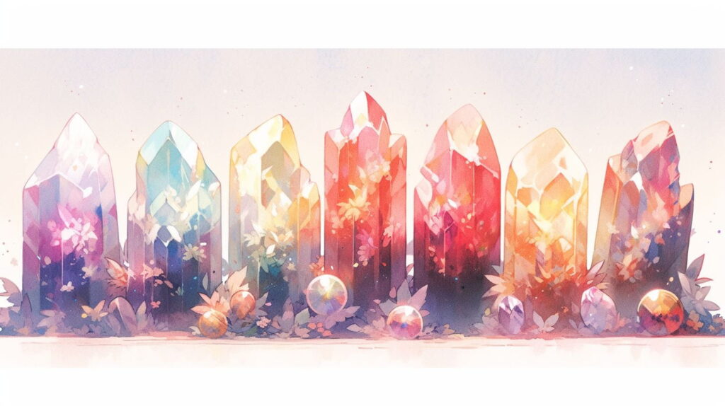 それぞれ異なる仮想現実を内包するクリスタルが並ぶ幻想的な水彩イラスト