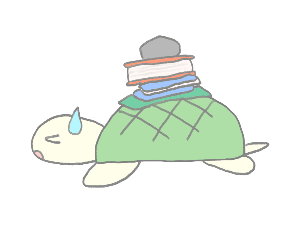 たくさんの荷物を背負い重荷に苦しむ亀のイラスト