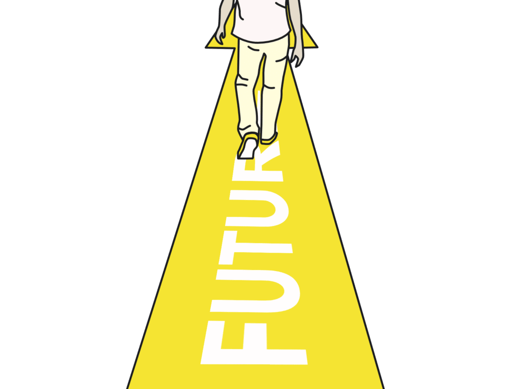 黄色い光の道「FUTURE」を歩く人のイラスト｜勇気の一歩が未来につながる