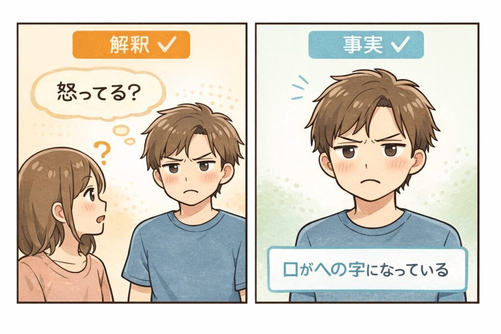 むすっとした人を見て「怒っている」と解釈する場面と、実際は「口がへの字になっているだけ」という事実を比較した2コマイラスト。