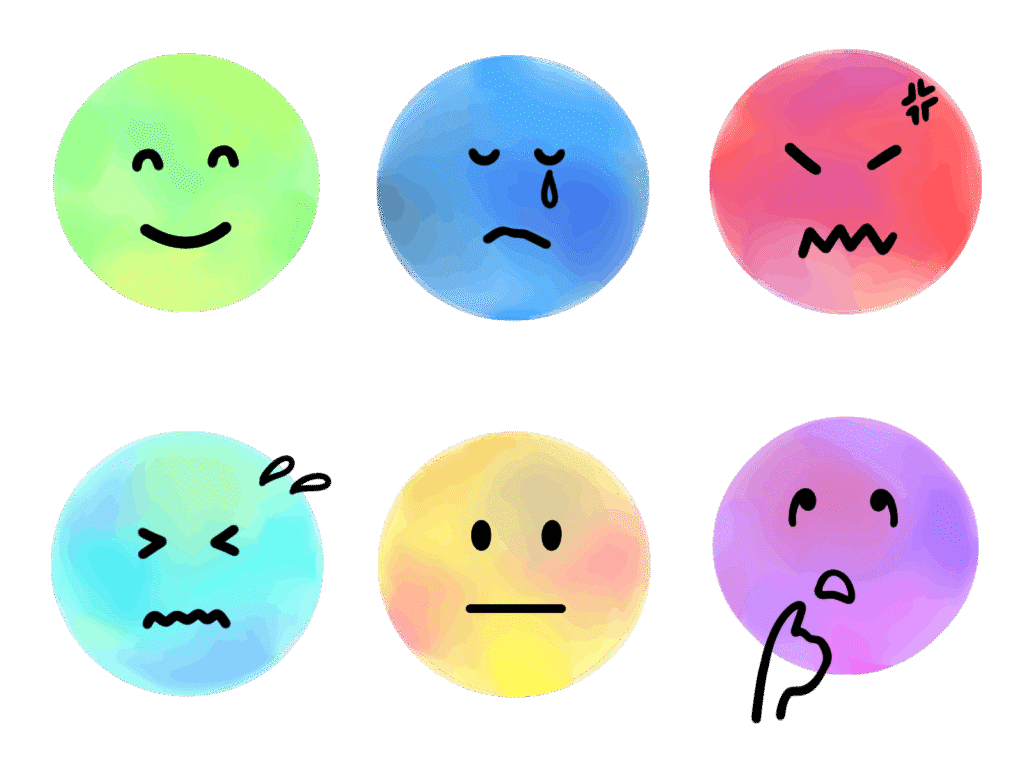 喜び、悲しみ、怒りなど複数の感情を表したアイコン。