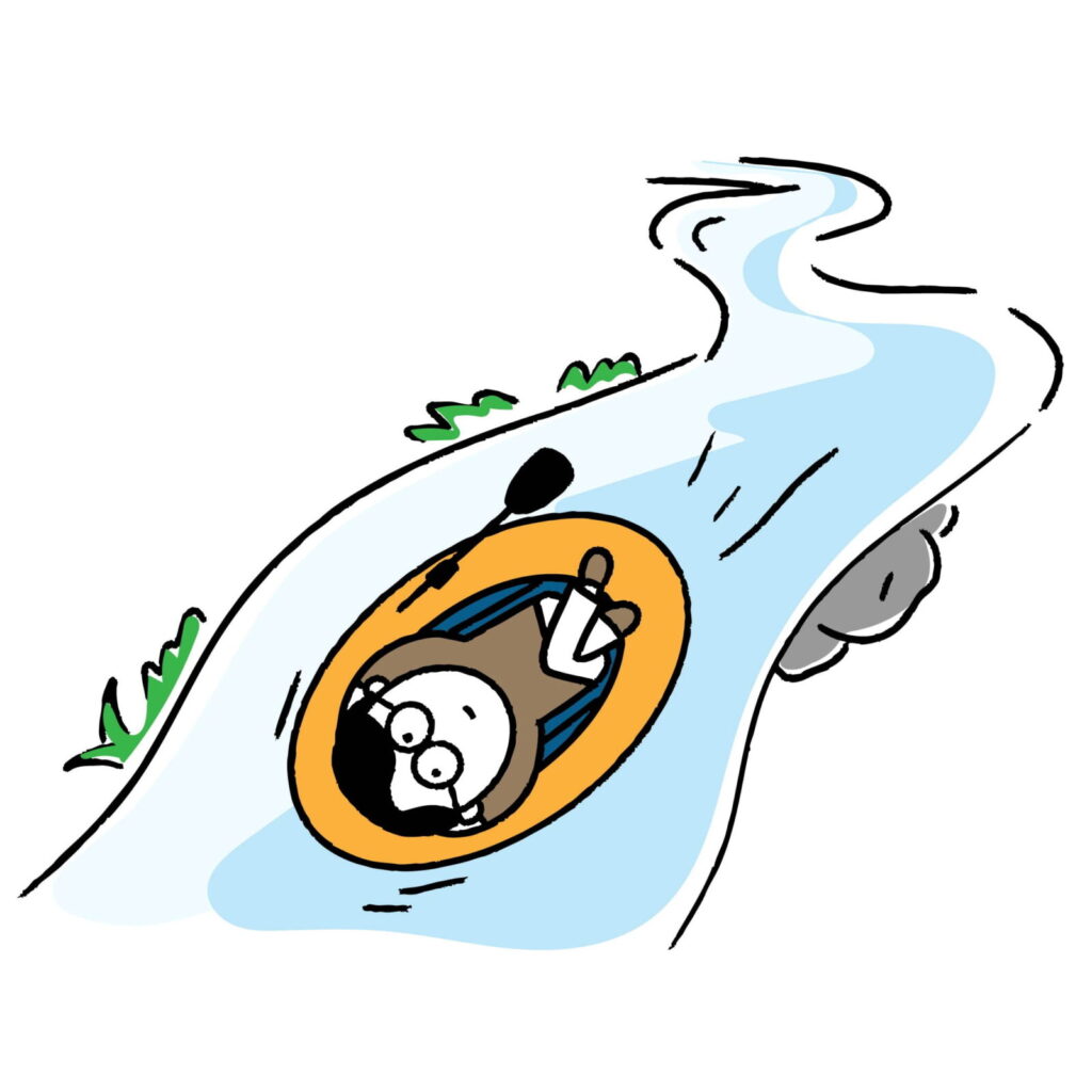 川の流れに乗って進むボートに乗った人のイラスト

