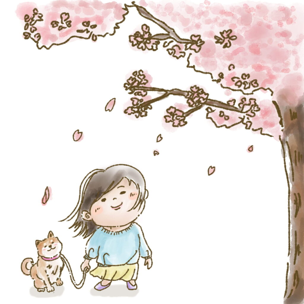 桜の木の下を犬と散歩している人物のイラスト。