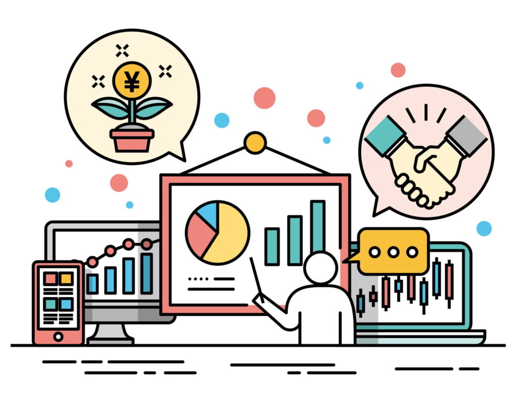 円マークと株価チャートと握手のイラスト｜お金を学び投資を始めるイメージ