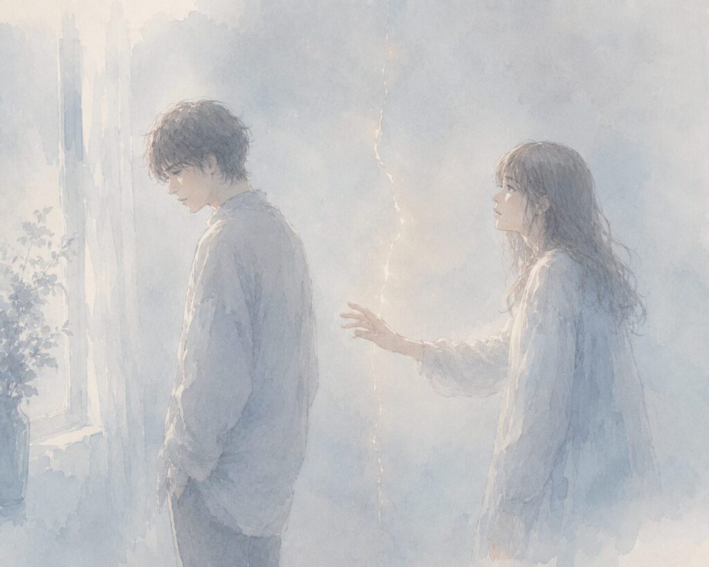 青白い空間で向き合う二人。一方が背を向けかけ、もう一方が手を伸ばしかけて止まっている。二人の間に薄い光の亀裂が走るイラスト