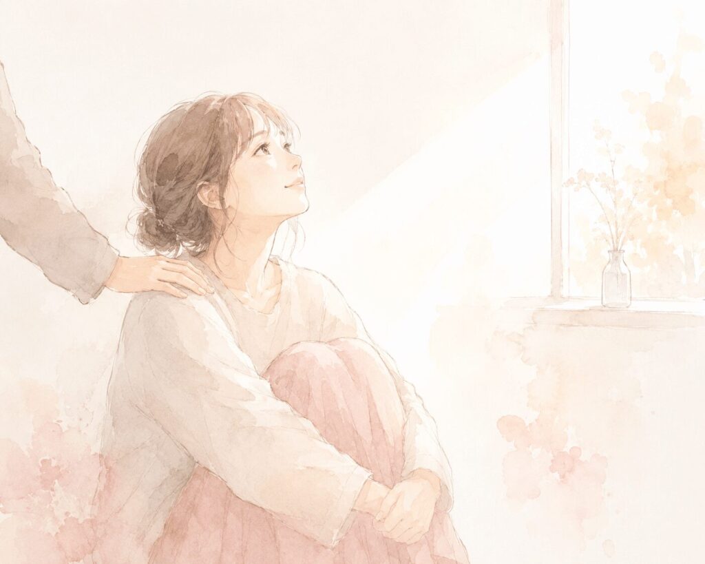 膝を抱えて座っていた女性が、誰かにそっと肩に手を置かれ、ゆっくりと顔を上げている瞬間のイラスト。「責めなくていい」という温かな空気が伝わる