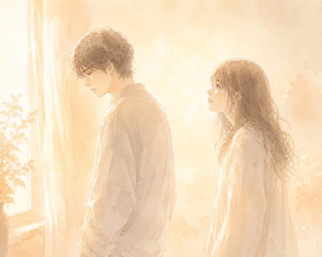 温かな橙色の光の中、亀裂も条件もなく、ただ静かに寄り添う二人のイラスト。③と対をなす、無条件の愛を表す場面