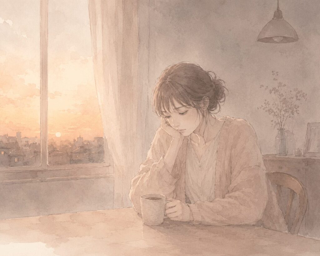 夕暮れの窓辺で、コーヒーカップを手にうつむいている女性のイラスト。怒りではなく「なぜだろう」という静かな困惑と疲れが漂う