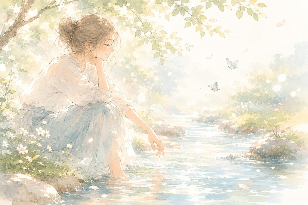 小川のほとりに座り、水面にそっと手を添えて流れを眺めている女性のイラスト。感情は川の水のように流れてきて流れていく、抱え込まなくていいというメッセージを表す