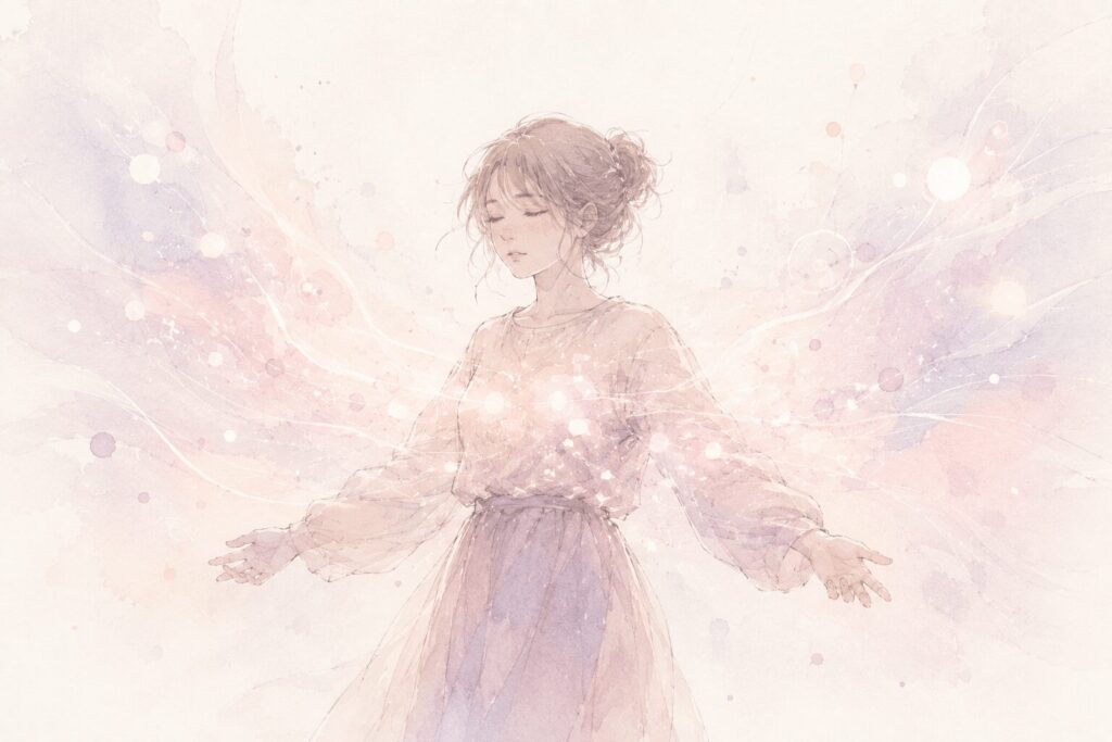 両手を広げた女性の体に、周囲から光の粒や波紋が流れ込んでいるイラスト。感じ取る力が強い人が他者の感情を受け取りすぎている状態を詩的に表現