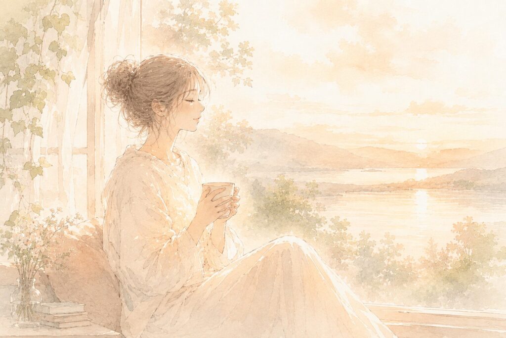 窓辺でお茶を両手で包み、目を閉じて穏やかに息をついている女性のイラスト。自分を整えることは愛し続けるために必要なことという安堵感を表す