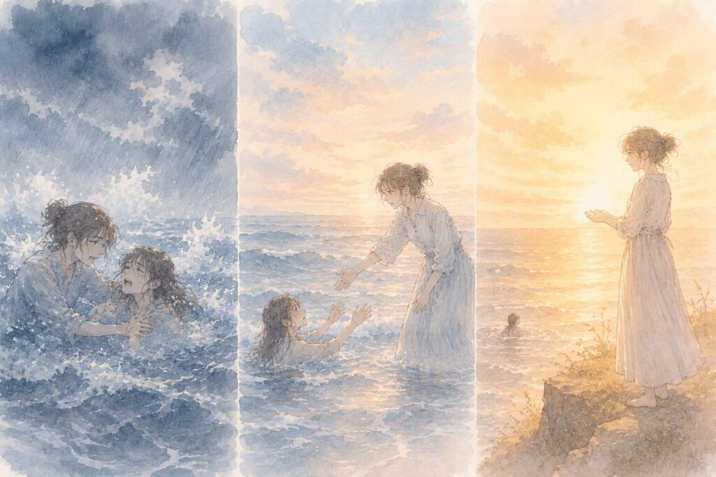 同じ海を舞台に3場面を並べたイラスト。左は嵐の波に一緒に飲まれる二人（同情）、中央は岸から手を差し伸べる人（共感）、右は高台から光を送る人（慈悲）。3つはグラデーションであり優劣ではないことを表す