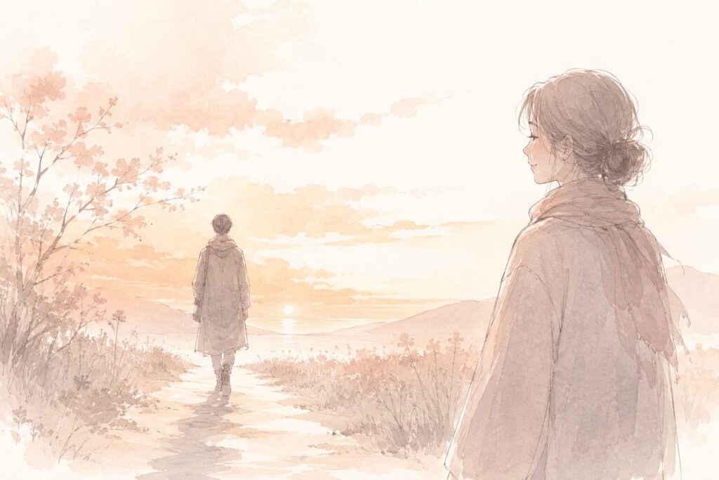 夕暮れの野道を一人歩いていく人物の後ろ姿を、手前の女性が穏やかな表情で見送っているイラスト。引き止めるのではなく、その人の力を静かに信じてそばにいることを表す
