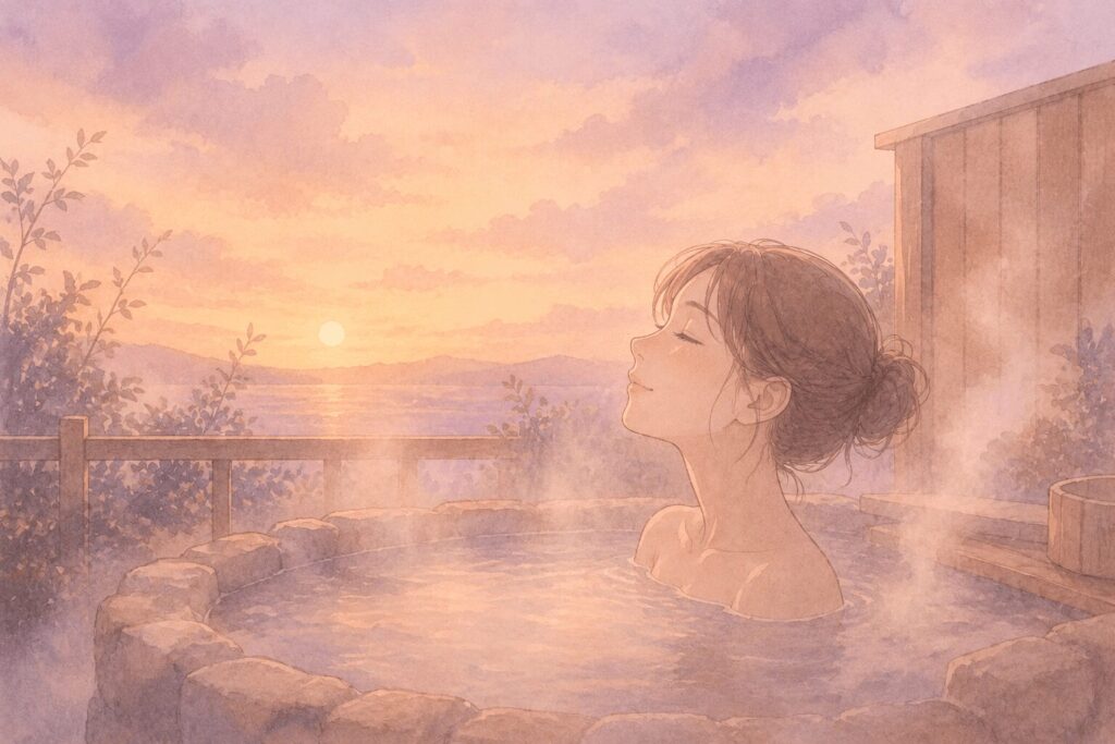 夕暮れの露天風呂で目を閉じ、「このままでいいんだ」という表情で浸かる女性のイラスト