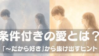 青白い亀裂のある空間（左）と温かな橙色の空間（右）に分かれた背景に、 向き合う二人の人物。「条件付きの愛とは？〜だから好きから抜け出すヒント」 というテキスト入りアイキャッチ画像