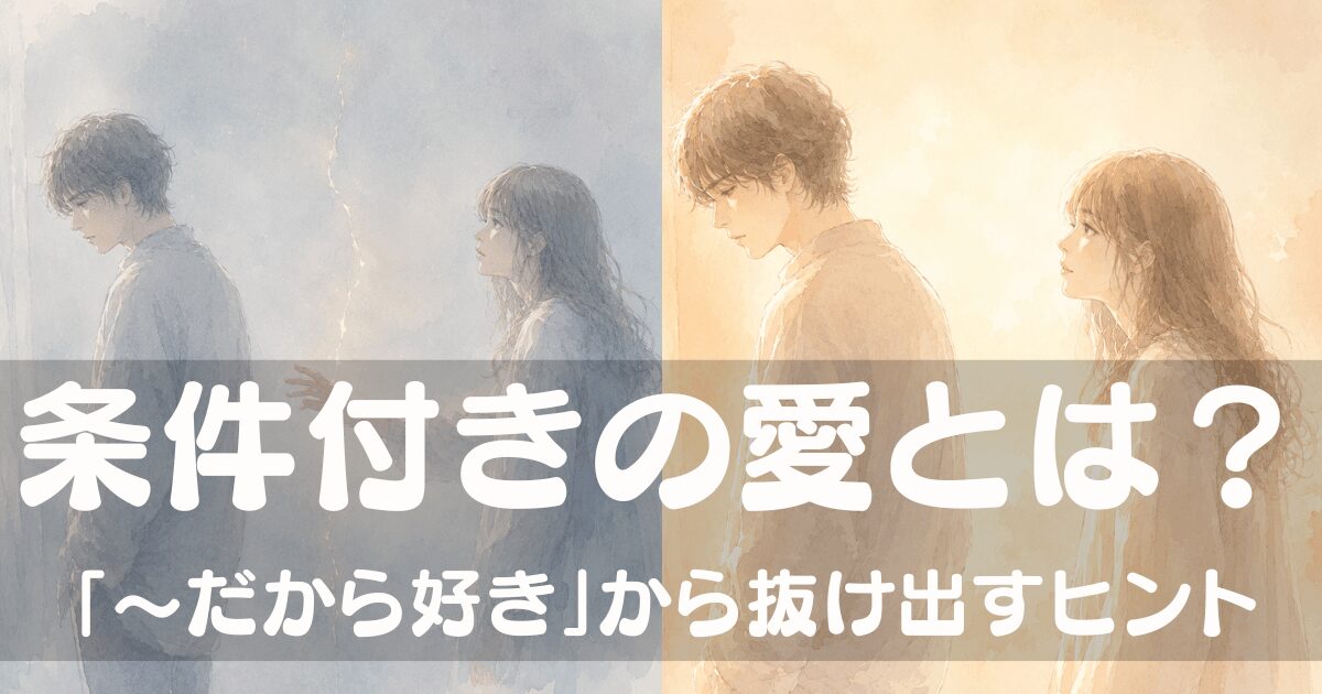 青白い亀裂のある空間（左）と温かな橙色の空間（右）に分かれた背景に、 向き合う二人の人物。「条件付きの愛とは？〜だから好きから抜け出すヒント」 というテキスト入りアイキャッチ画像