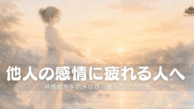 夕暮れの光の中、両手を広げて光の粒をそっと手放している女性のイラスト。「他人の感情に疲れる人へ／共感疲労を防ぎながら愛を広げる方法」というテキスト入りアイキャッチ画像