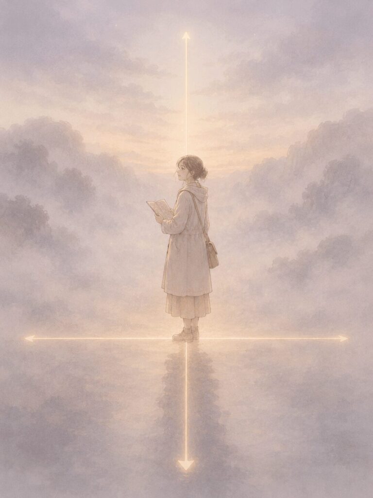霧の中に立つ女性の足元から光のXY軸が伸びている。迷いの中でも現在地を照らす理性を表したイラスト