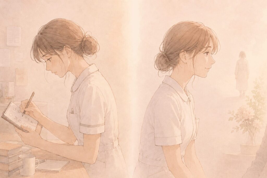左側でノートに〇×を書く女性と、右側で誰かの存在をただ感じている女性の対比イラスト