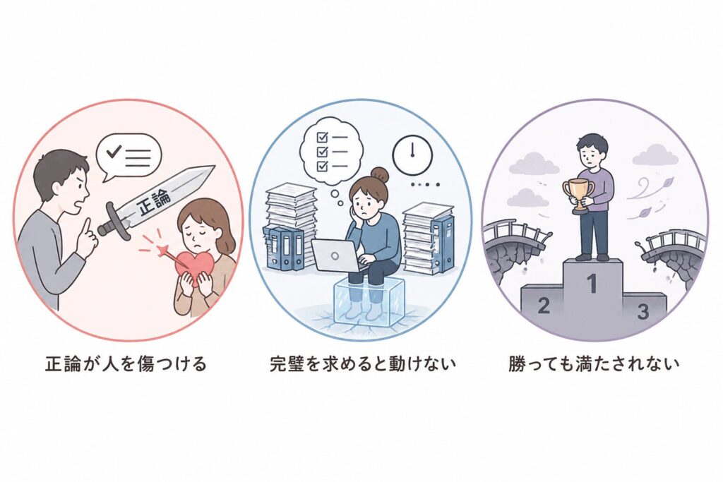 理性レベルの3つの落とし穴の図解（正論が人を傷つける・完璧主義で動けない・勝っても満たされない）