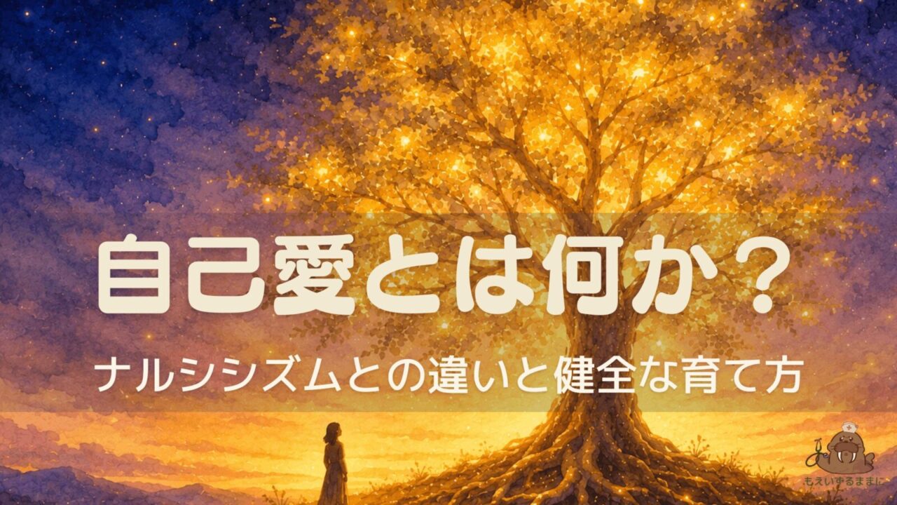 深く根を張り黄金色に輝く大樹と夕暮れの星空を背景にした水彩イラスト。健全な自己愛の土台を象徴する