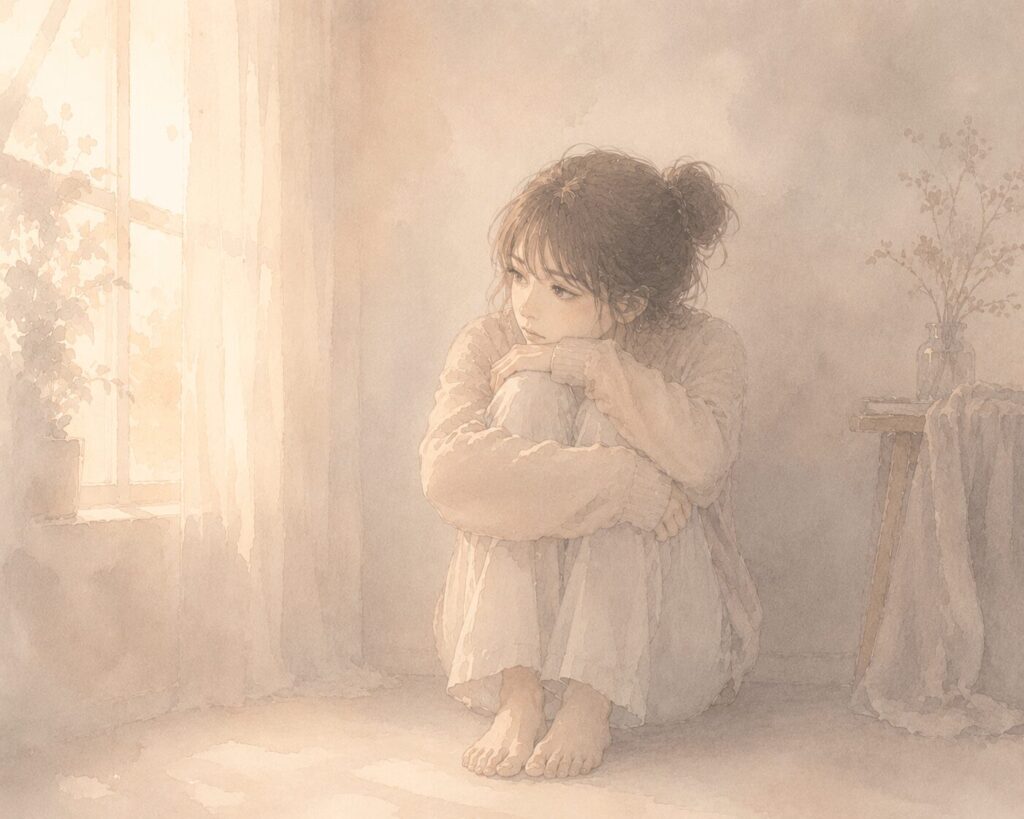 膝を抱えて窓辺に座る女性の水彩イラスト。柔らかな光の中で内省している様子