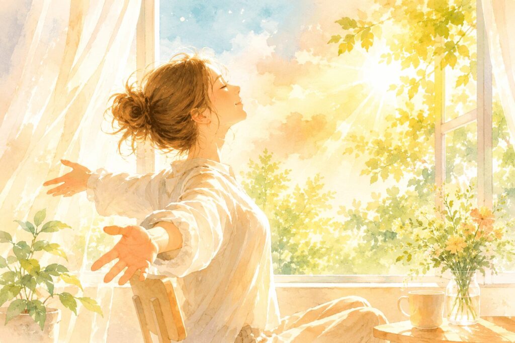 朝の光の中、窓辺で腕を広げて深呼吸する女性のイラスト。解放感と前向きな気持ちを表した水彩画風イラスト。