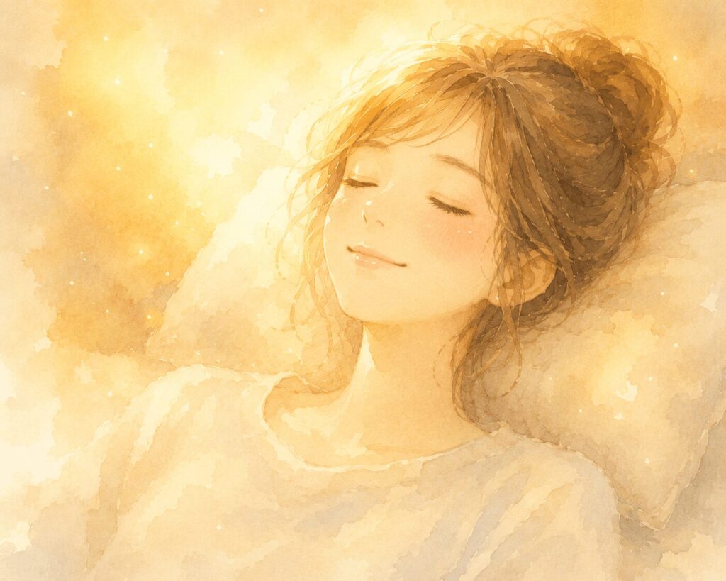 目を閉じて穏やかに微笑む女性。温かいゴールドの光に包まれた水彩イラスト