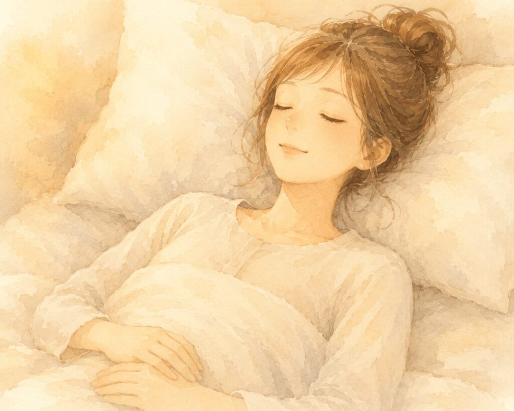 布団の上で穏やかに横になっている女性のイラスト。疲れた日の休息を表すやさしい水彩画