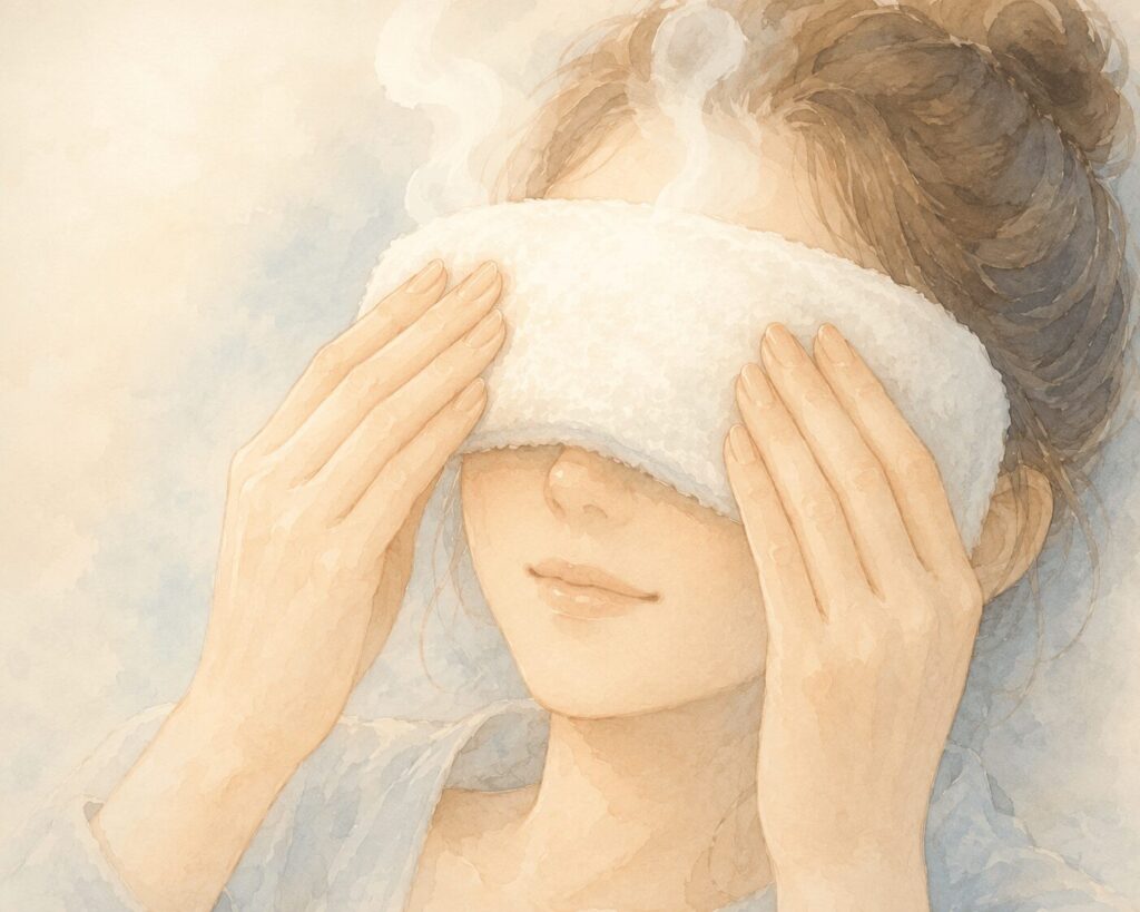 蒸しタオルを目元にそっと当てている女性。湯気が立ち上るやさしい水彩イラスト