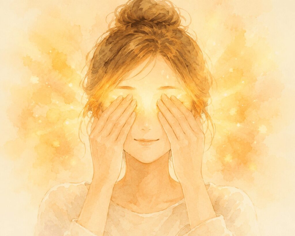 両手で目元をそっと覆う女性。目元から温かい光が広がる水彩イラスト