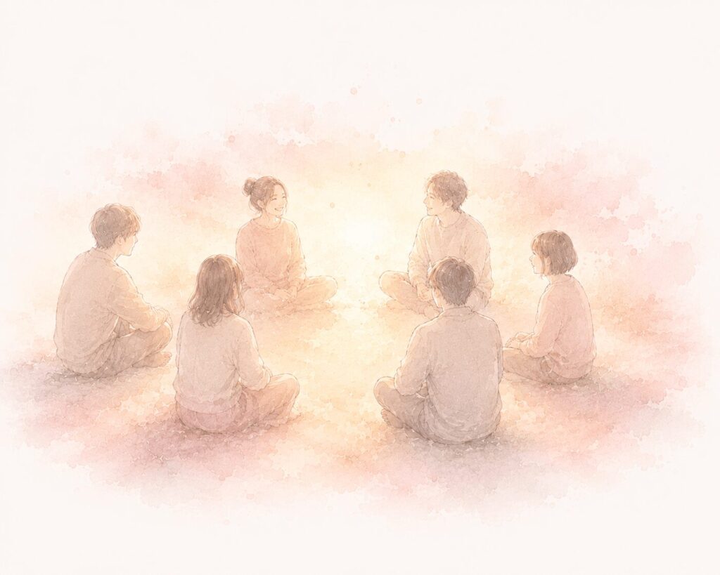 円になって座り、やわらかい光に包まれながら笑顔で語り合う6人の人々。場が安心に変わっていく様子を表す水彩イラスト
