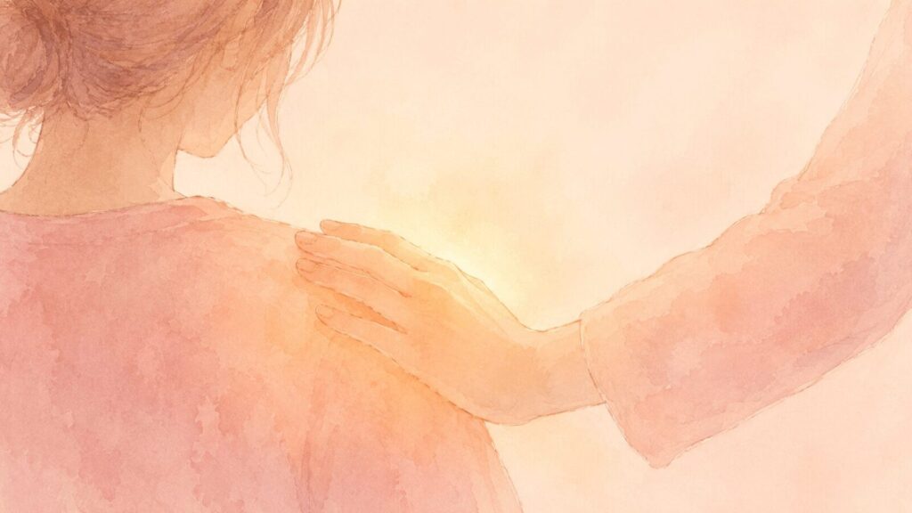 肩にそっと手を添える瞬間を描いた水彩イラスト。手当てのケアを表す温かいオレンジ色の光