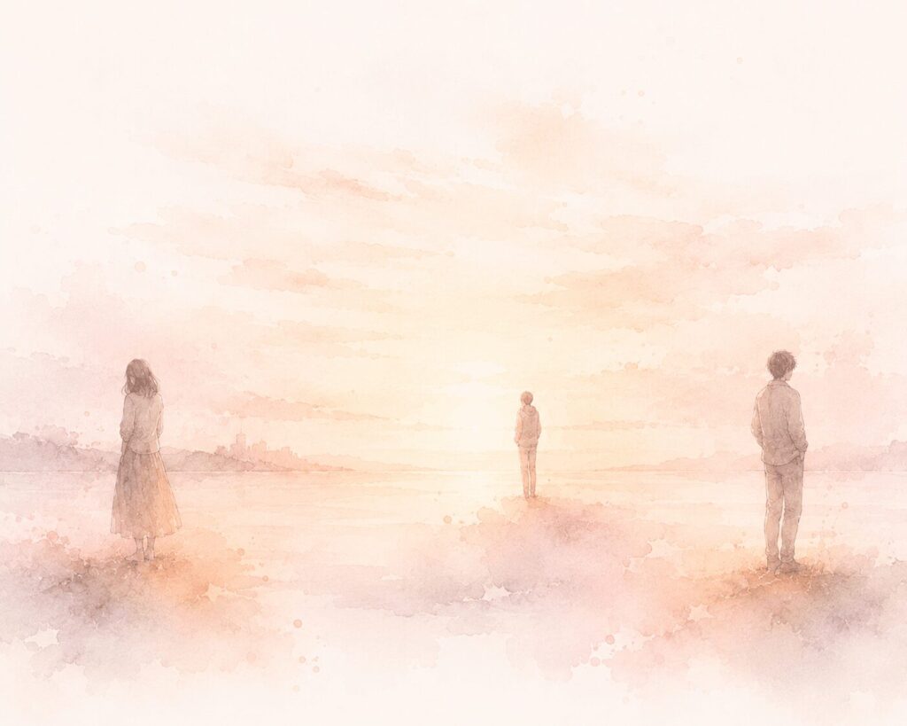 夕暮れの中、互いに少し距離を置いて立つ3人の後ろ姿。それぞれ違う場面にいながら、同じやわらかい光に包まれている様子を表す水彩イラスト
