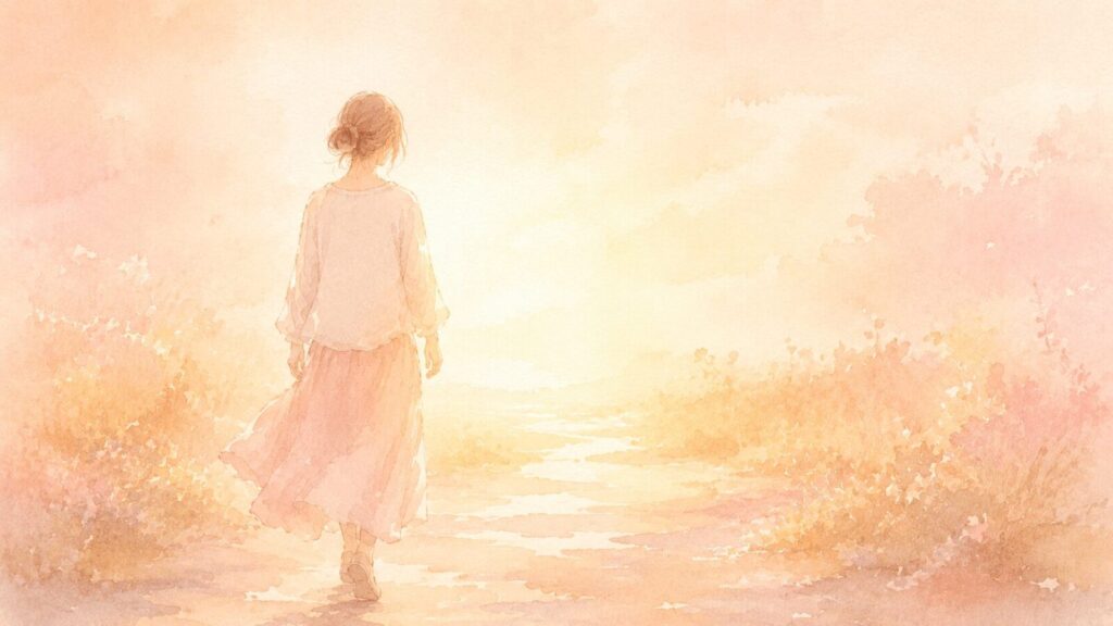 花の咲く道を軽やかな足取りで歩く女性の後ろ姿。温かい光に包まれた水彩イラスト