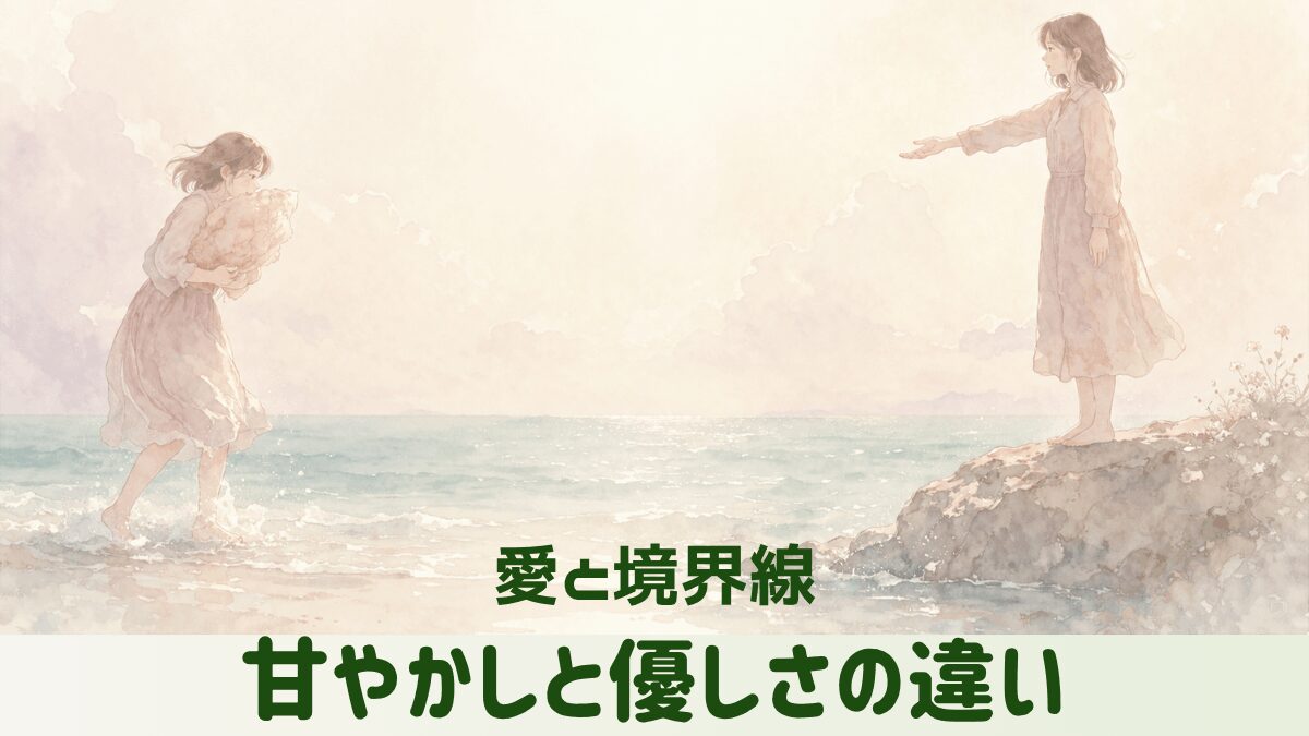 波に飲まれる人物と岩の上に立つ人物の対比イラスト、境界線と優しさの違いを表現