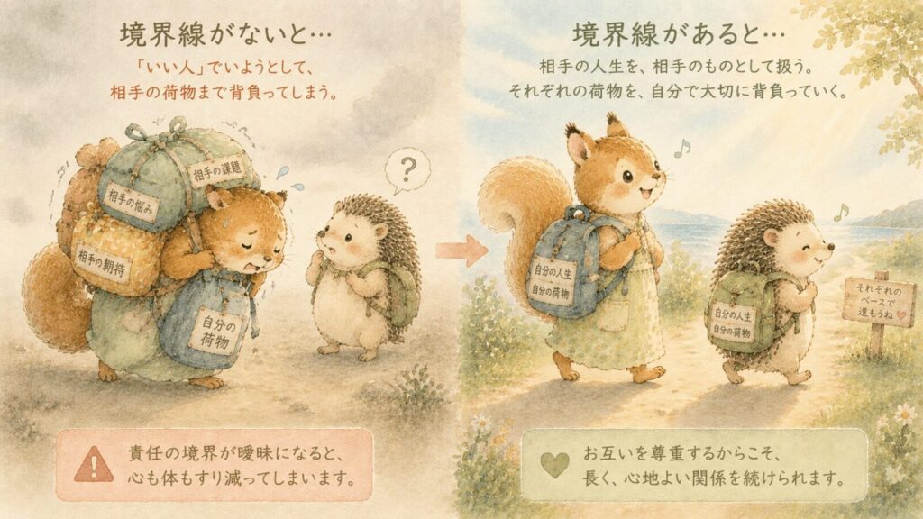 「境界線がない状態」で相手の荷物まで背負って疲弊する姿と、「境界線がある状態」でお互いが自分の人生(荷物)を大切に背負って軽やかに歩く姿を対比させたイラスト。