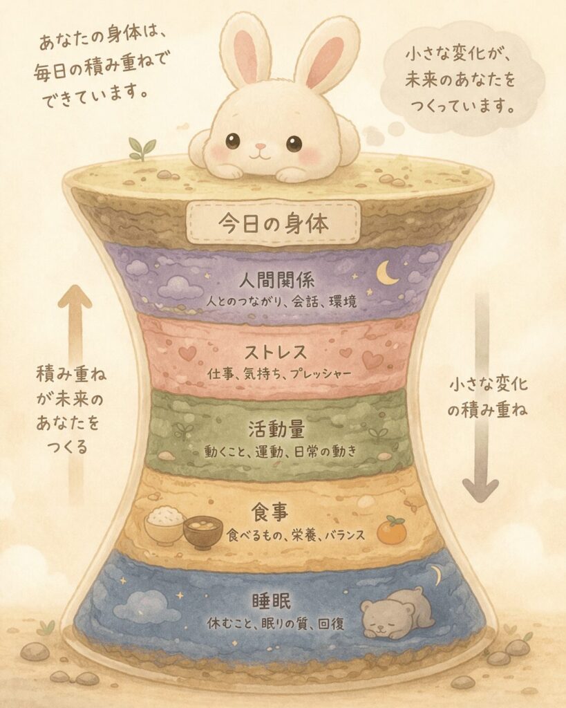 睡眠、食事、活動量、ストレス、人間関係の積み重ねによって今日の身体がつくられることを表したイラスト